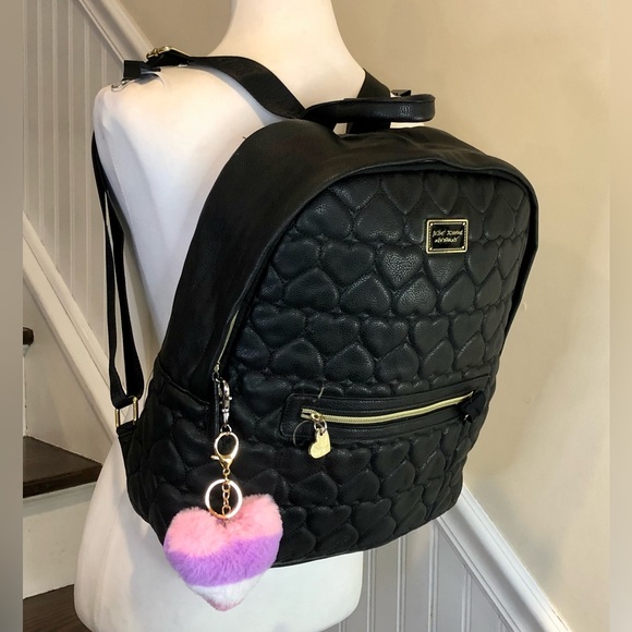 BETSEY JOHNSON Quilted Black Heart Backpack Floral Lining & NEW Pom Pom Heart - Picture 3 of 15